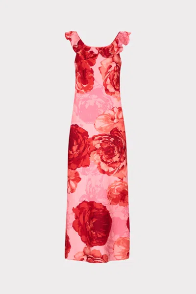 Milly Scarlett Printed Ruffle Neck Midi Dress In Pink