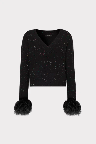 Milly Sequin Feather Cuff V-neck Long Sleeve Sweater In Black