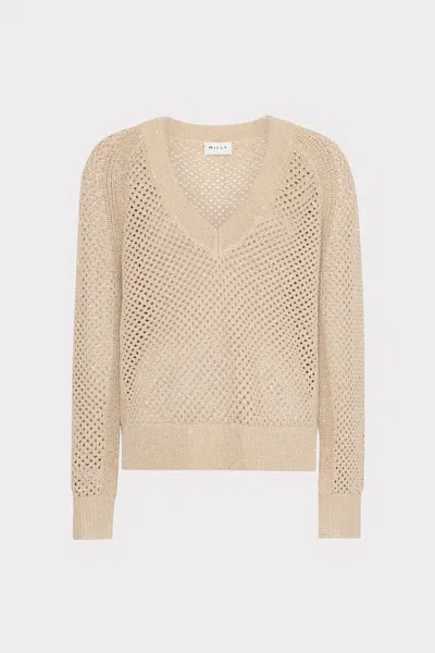 Milly Sequin Mesh V-neck Long Sleeve Sweater In Beige