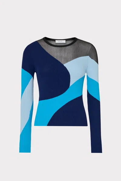 Milly Sheer Graphic Crewneck Long Sleeve Top In Blue