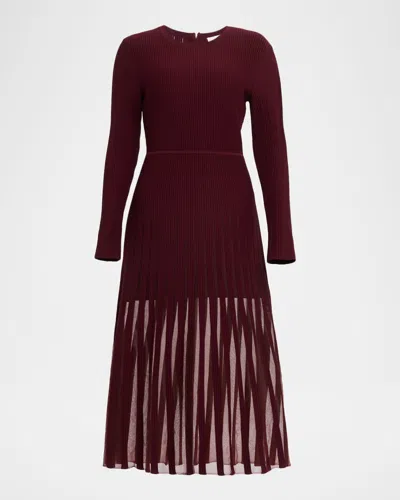 Milly Sheer Ribbed A-line Midi Dress In Burgundy