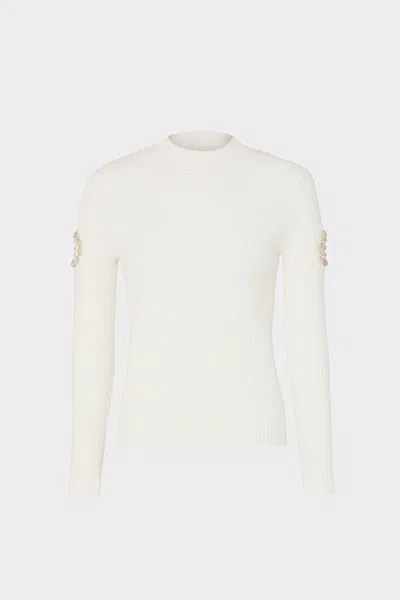 Milly Shoulder Cut Out Knit Mock Neck Long Sleeve Top In Ecru
