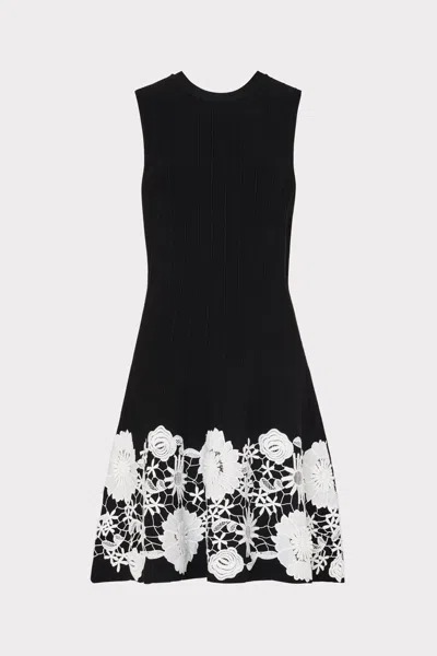 Milly Sleeveless Lace Trim Fit And Flare Mini Dress In Black/ecru