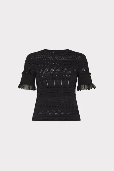Milly Smocked Finish Pointelle Short Sleeve Top In Black