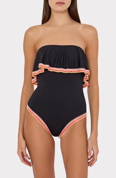 Milly Strapless Crochet Ruffle One-piece Swimsuit In Black