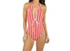 Milly Stripe Laced Front Halter One Piece Swimsuit In Red/ivory In Multi