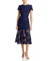 Milly Tahlia Cady Lace Short Sleeve Midi Dress In Navy
