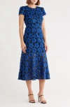 Milly Tahlia Floral Embroidered Lace Cap Sleeve Midi Dress In Multi