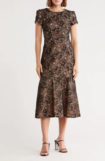 Milly Tahlia Rose Embroidered Cap Sleeve Midi Dress In Black