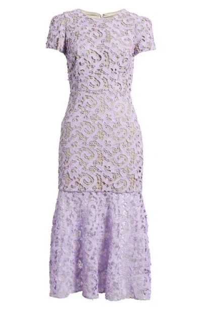 Milly Tahlia Short Sleeve Flounce Hem Lace Dress In Lilac Multi