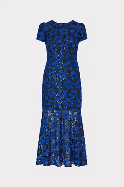 Milly Tahlia Tulle Embroidery Midi Dress In Cobalt/black