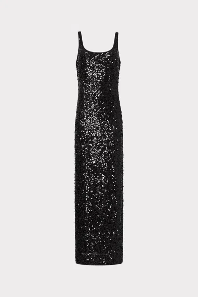 Milly Tatum Stretch Shimmer Sequins Scoop Neck Maxi Dress In Black