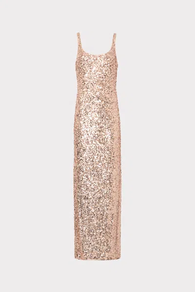 Milly Tatum Stretch Shimmer Sequins Scoop Neck Maxi Dress In Brown