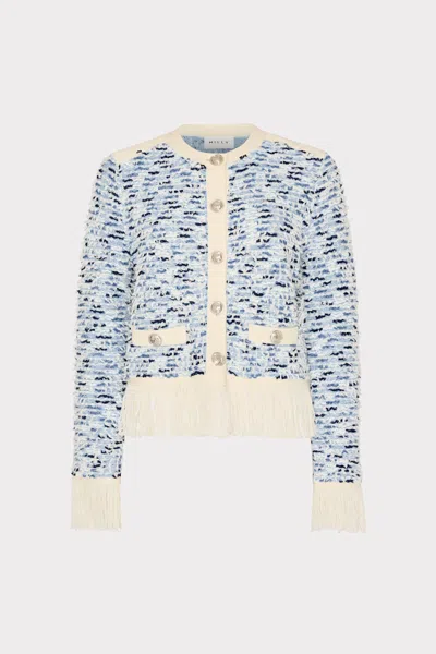 Milly Textured Fringe Trim Cardigan In Blue