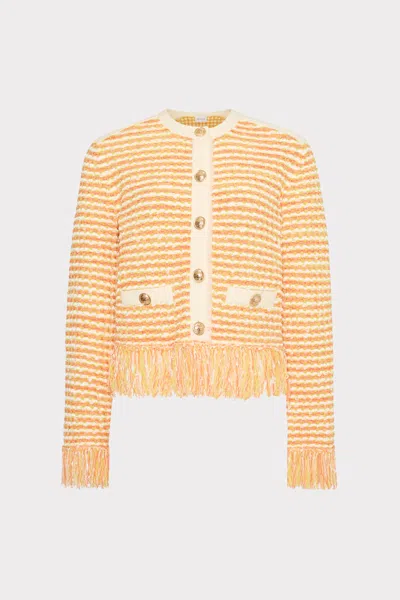 Milly Textured Fringe Trim Cardigan In Orange Yellow