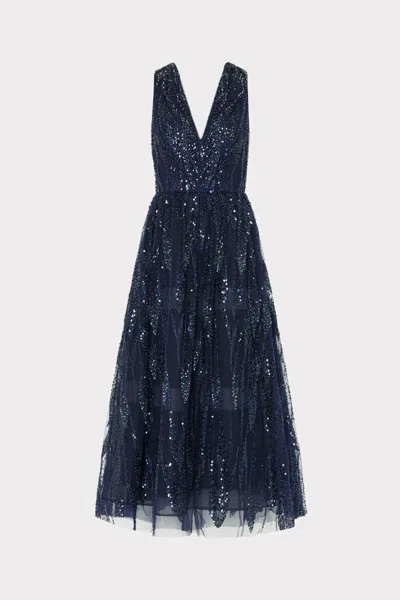 Milly Tinsley Embroidered V-neck Midi Dress In Blue