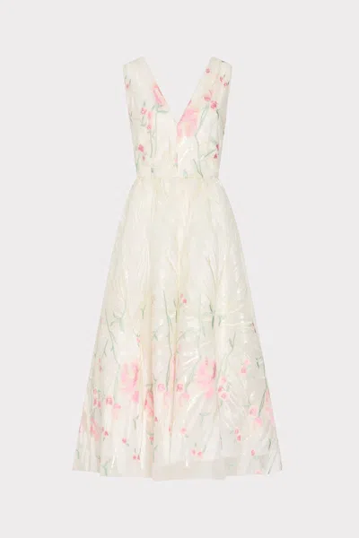 Milly Tinsley Embroidered V-neck Midi Dress In White
