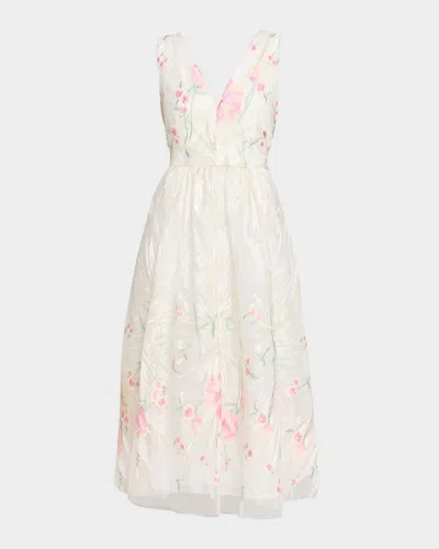 Milly Tinsley Floral-embroidered Mesh Midi Dress In Multi