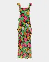 Milly Tulip Rosette Floral-print Ruffle Maxi Dress In Black