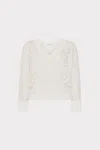 Milly V-neck Embroidery Knit Detail Long Sleeve Top In White