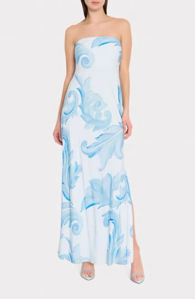 Milly Vera Floral Print Strapless Dress In Blue