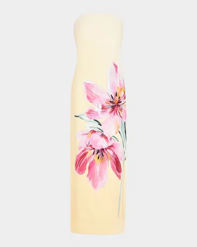 Milly Vera Strapless Floral-print Maxi Dress In Pale Yello