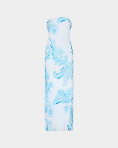 Milly Vera Strapless Scrollwork-print Column Maxi Dress In Blue
