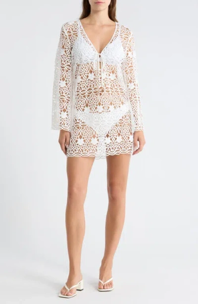 Milly Viara Geo Long Sleeve Lace Sheer Cover-up Minidress In White