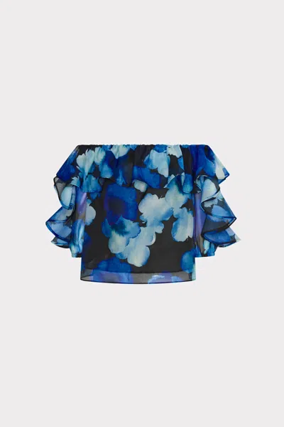 Milly Watercolor Petals Organza Ruffle Short Sleeve Top In Blue