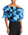 Milly Watercolor Petals Organza Ruffle Short Sleeve Top In Blue Multi