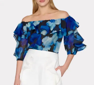 MILLY WATERCOLOR PETALS ORGANZA RUFFLE TOP IN BLUE MULTI
