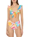 Milly Cabana Watercolor Paint Stroke Ruffle Bikini Top In Multi