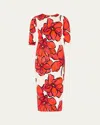 Milly Windflower Rose Stretch Jersey Midi Dress In Coral Mult