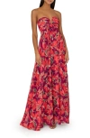 MILLY WINDMILL FLORAL PLEATED STRAPLESS CHIFFON GOWN