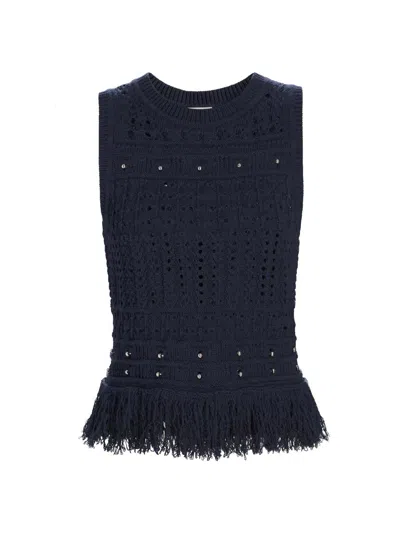 Milly Women's Beaded Fringe Knit Sleeveless Top In Blue