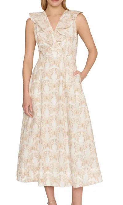 MILLY WOMEN'S BUTTERFLY EYELET RUFFLE MIDI DRESS IN WHITE/TAN