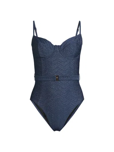Milly Women's Chevron Belted One-piece Swimsuit In Navy Silver