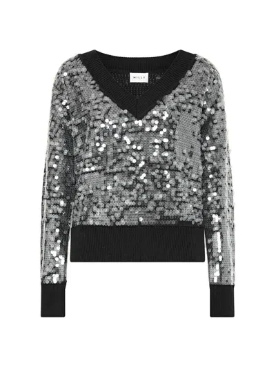 Milly Women's Ilaria Sequined V-neck Sweater In Black