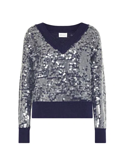 Milly Women's Ilaria Sequined V-neck Sweater In Blue