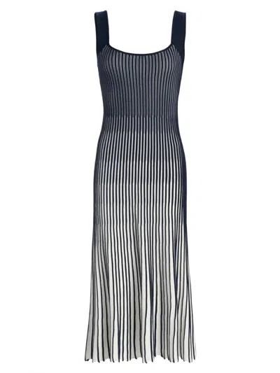 Milly Women's Jolie Pleated Ombré Rib-knit Midi-dress In Navy White