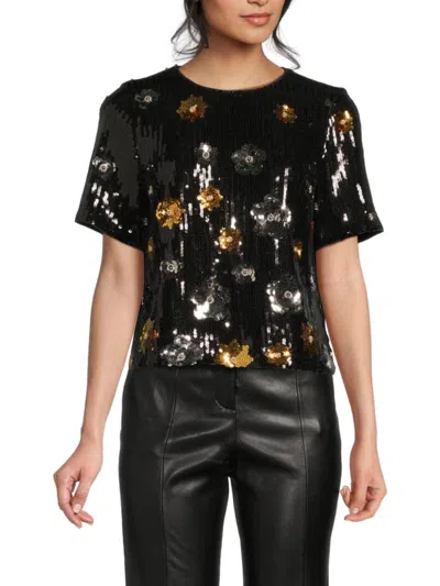 Milly Women's Katelynn 3d Floral Sequin Top In Black