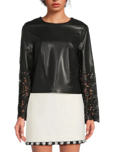 Milly Women's Lara Lace-trim Faux Leather Top In Black