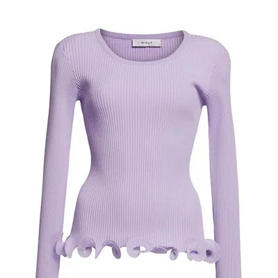 MILLY WOMEN'S LAVENDER WIRED EDGE RIBBED KNIT PULLOVER SWEATER