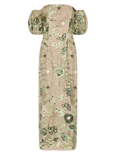 Milly Nene Embroidered Off-shoulder Maxi Dress In Green