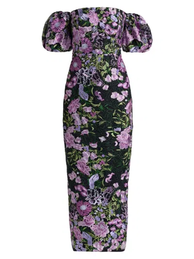 Milly Women's Nene Floral-embroidered Mesh Off-the-shoulder Maxi Dress In Purple