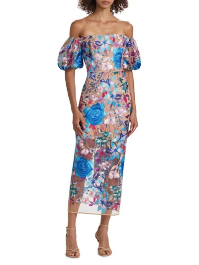 Milly Women's Nira Floral Embroidered Off-the-shoulder Midi-dress In Multi