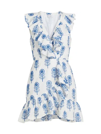 Milly Women's Novi Poppy-embroidered Cotton Wrap Minidress In White Blue