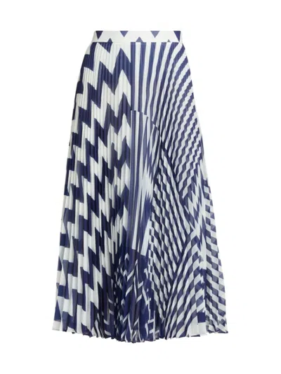 Milly Women's Otha Patchwork Chevron Pleated Maxi Skirt In Blue White