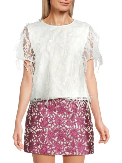 Milly Women's Rava Feather Trim Top In White