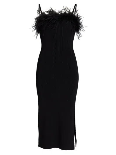 Milly Women's Robena Feather-trimmed Ribbed Midi-dress In Black